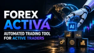 Forex Activa automated trading tool dashboard concept showing AI-powered forex trading automation, market charts, and currency analysis for active traders