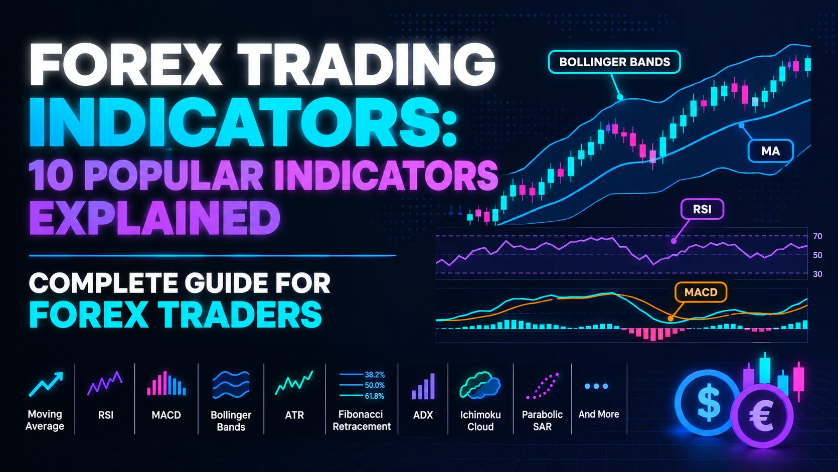 Forex Trading Indicators: 10 Popular Indicators Explained, including RSI, MACD, Moving Average, and Bollinger Bands