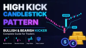 High kick candlestick pattern showing a bullish kicker with a gap above the bearish candle
